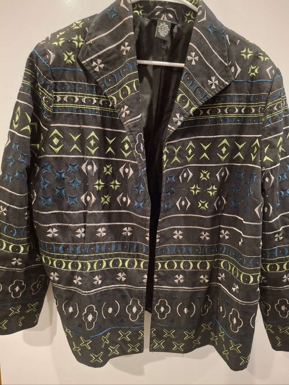 Liz & Me Black Blazer with Blue and Lime Geometric Embroidery